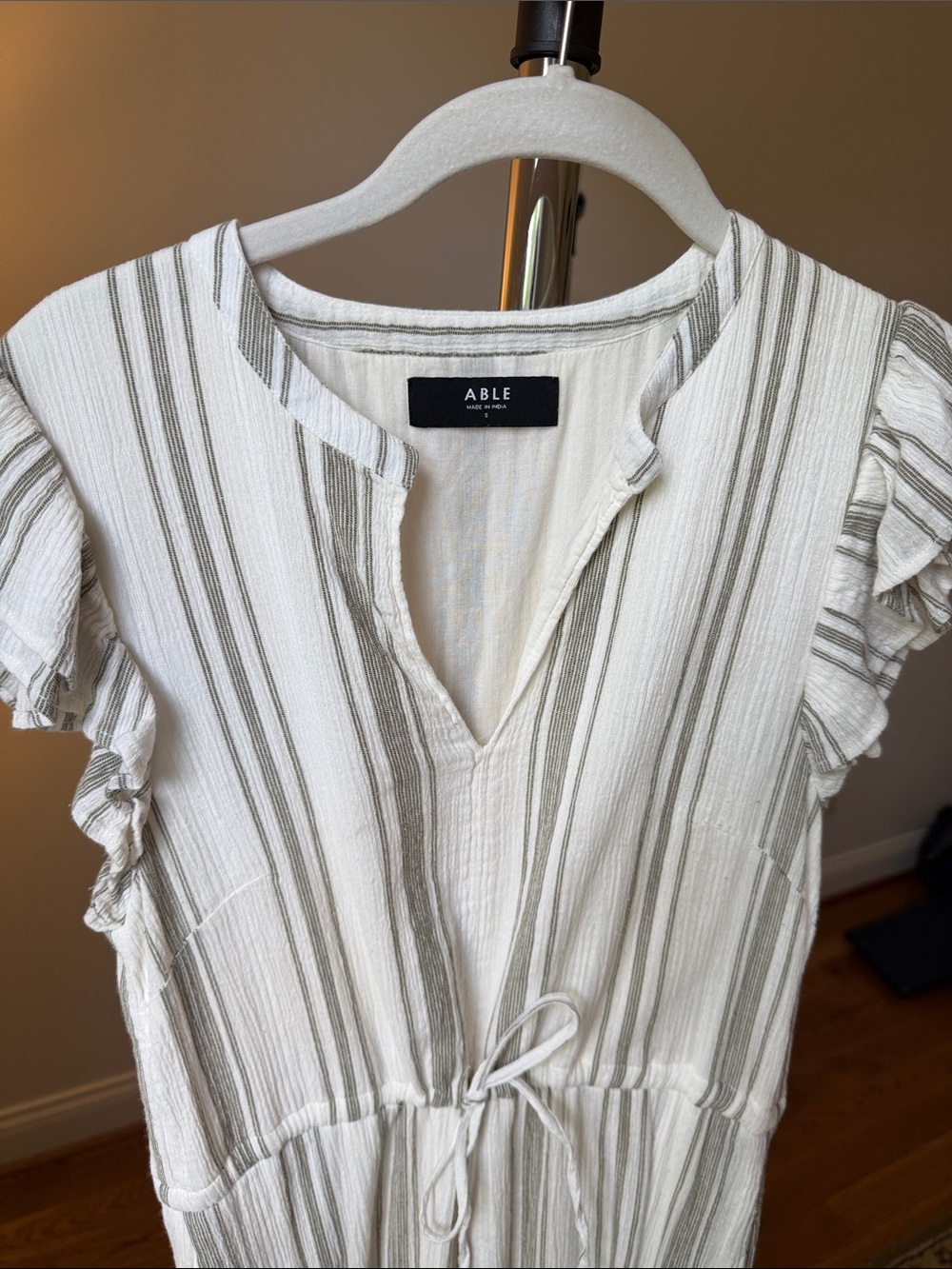 Able Cream Maxi Dress with Gray Stripe Ruffle Sleeves